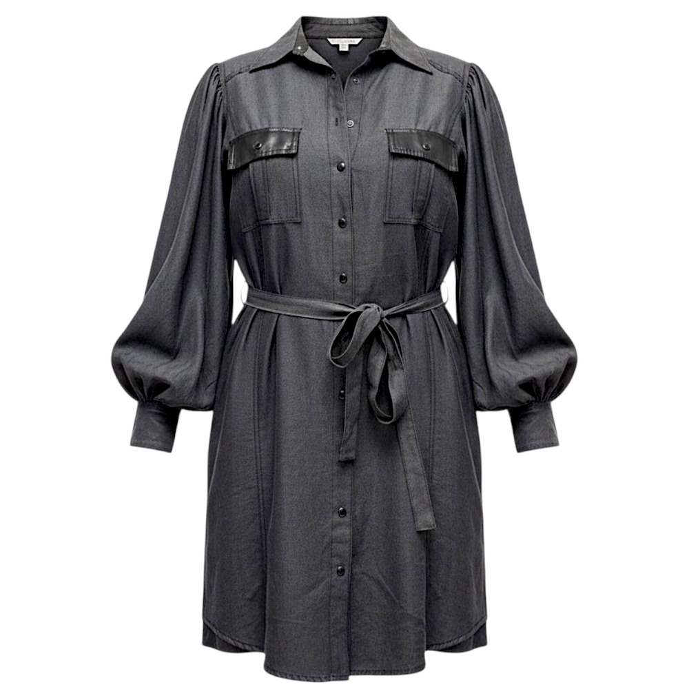 Gold Hawk Charcoal Gray Chambray Tensel Shirt Dress Faux Leather Trim S NWT